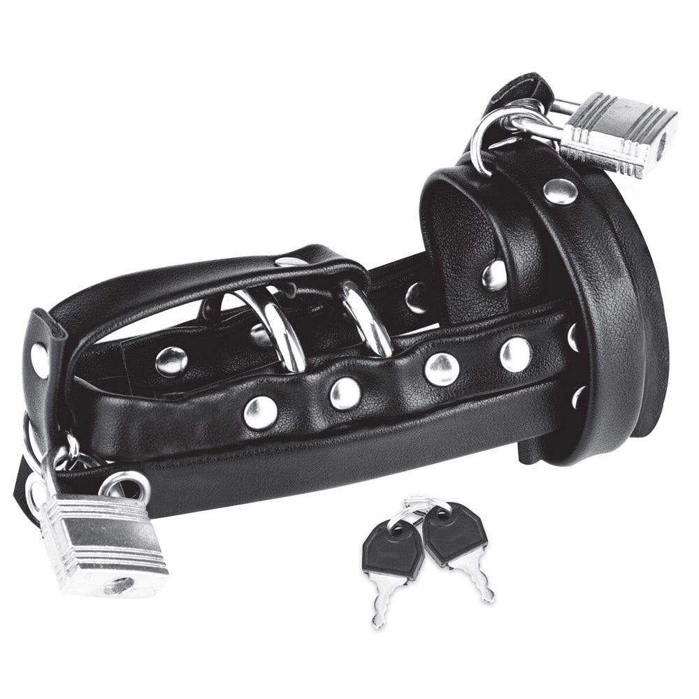 Shop the Blue Line Men Gimp Cock Locking Chastity Sheath with Double Metal Cock Ring at Glastoy.com