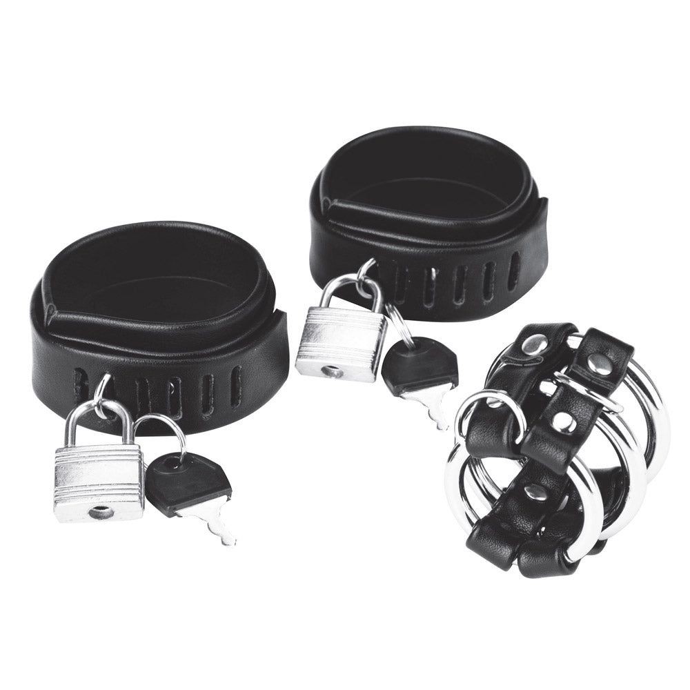 Shop the Blue Line Men Locking Ball Stretcher, Cock Ring & Three-Ring Cock Cage at Glastoy.com