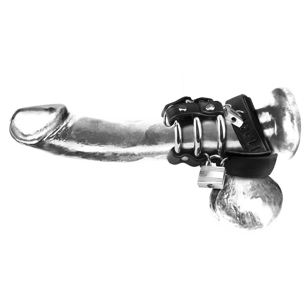 Shop the Blue Line Men Locking Ball Stretcher, Cock Ring & Three-Ring Cock Cage at Glastoy.com