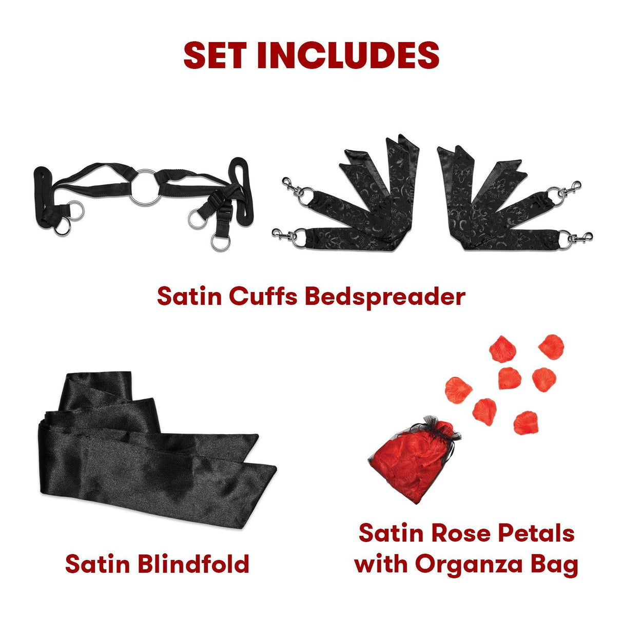 Lux Fetish Night of Romance 6PC Bedspreader and Bed Restraint Set with Satin Cuffs and Rose Petals at glastoy.com