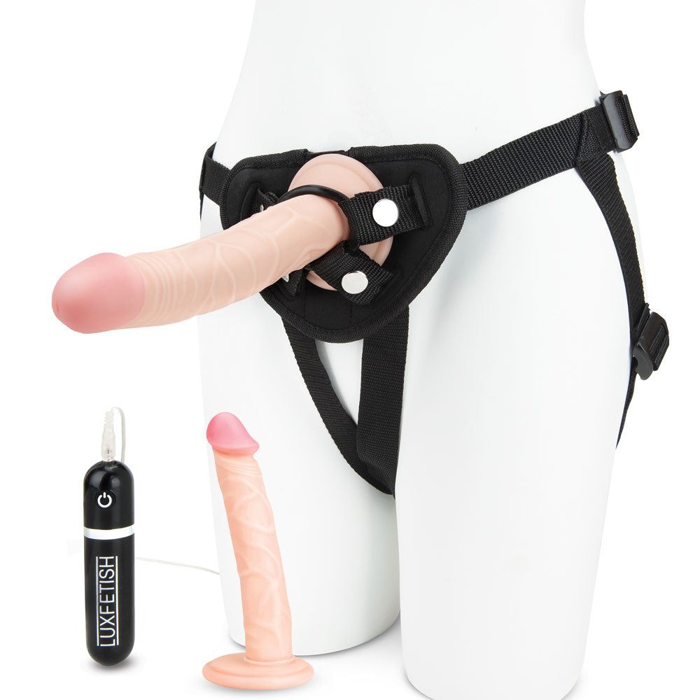 Lux Fetish 3PC Strap-On Harness Pegging Set with Realistic Dildo at Glastoy.com