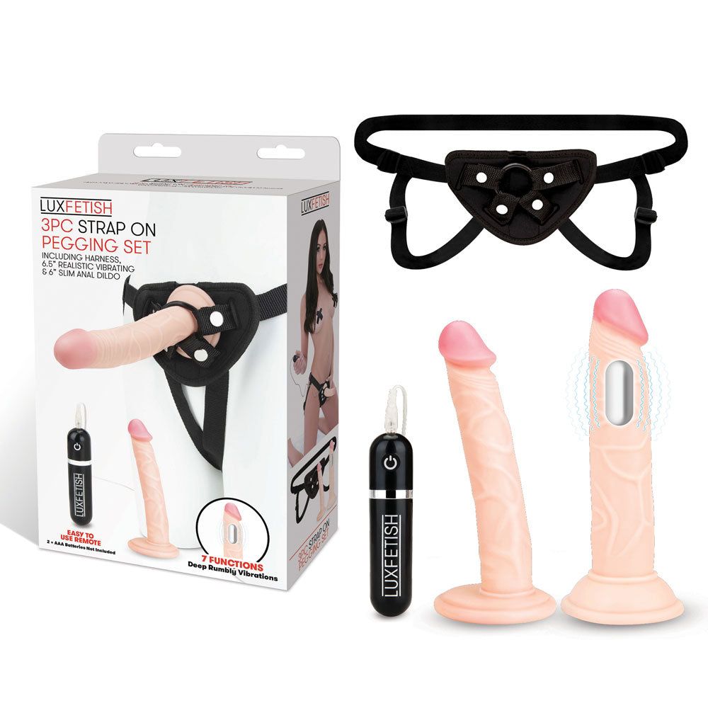 Lux Fetish 3PC Strap-On Harness Pegging Set with Realistic Dildo at Glastoy.com