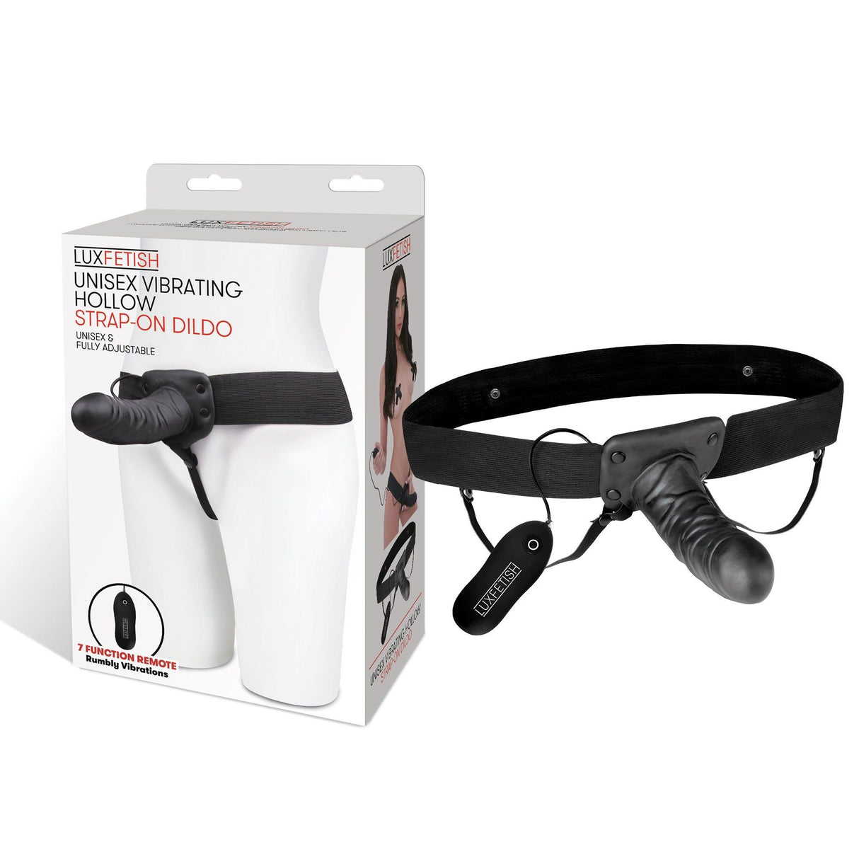 Packaging of Lux Fetish Unisex Vibrating Hollow Strap-On Dildo and P-Spot Massager at glastoy.com