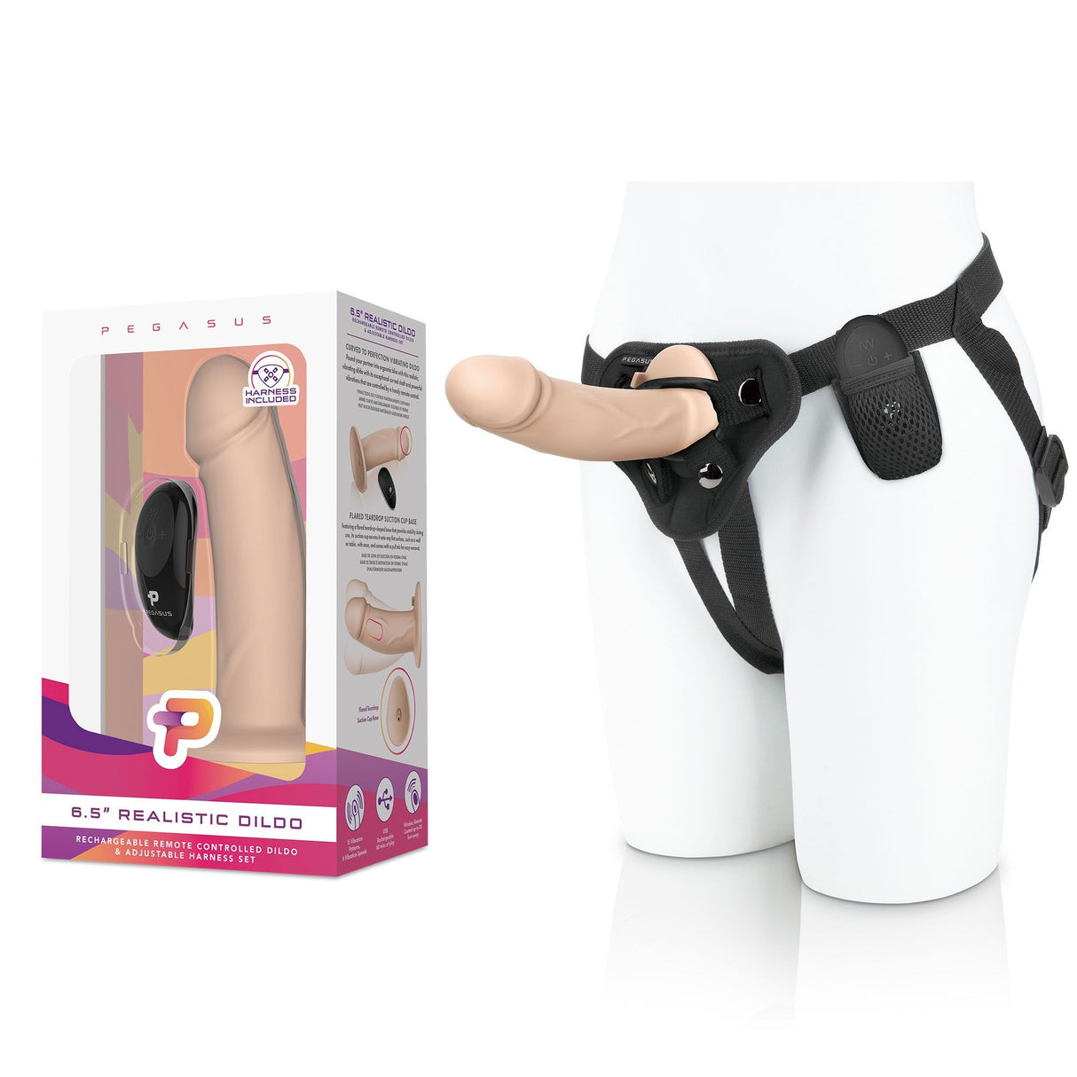 Packaging of Pegasus 6.5" Realistic Silicone Vibrating Pegging Dildo with Remote Control and Adjustable Harness at glastoy.com