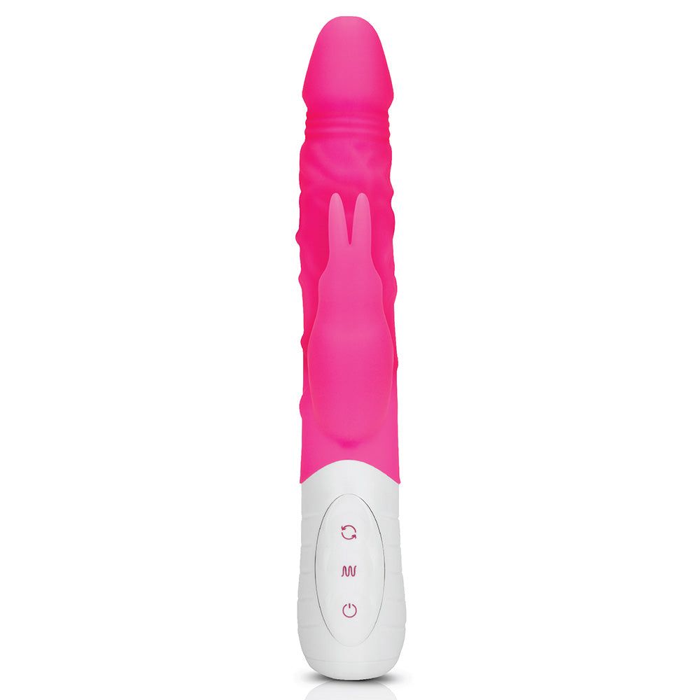 Rabbit Essentials Slim Realistic Double Penetration Rabbit Vibrator with Rotating Beads in Pink at glastoy.com