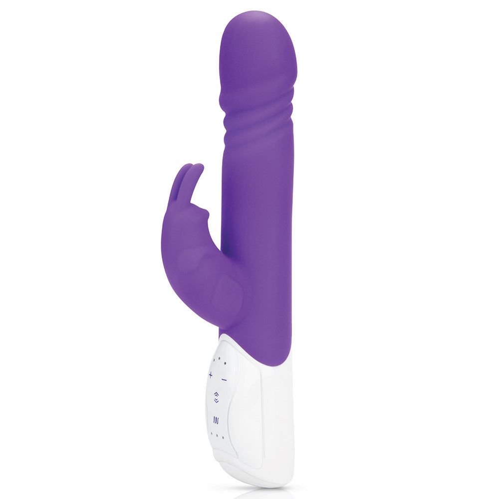 Rabbit Essentials Thrusting Rabbit Vibrator with Throbbing Shaft in Purple at glastoy.com
