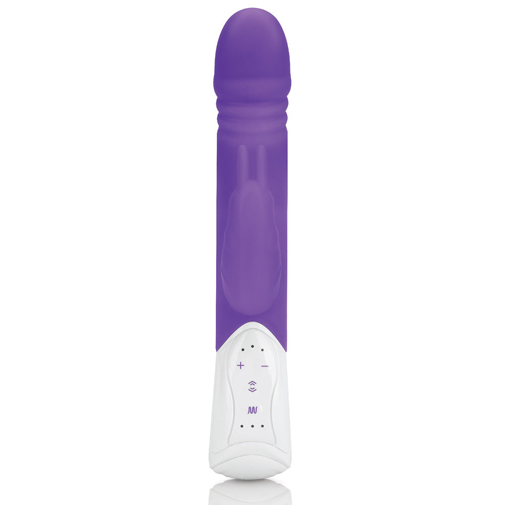 Rabbit Essentials Thrusting Rabbit Vibrator with Throbbing Shaft in Purple at glastoy.com
