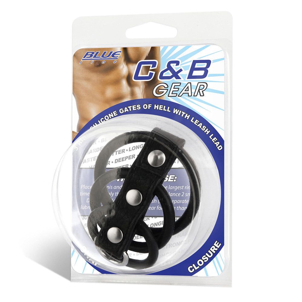 Packaging of the Blue Line Men 3 Ring Silicone Gates of Hell with Leash Lead at glastoy.com