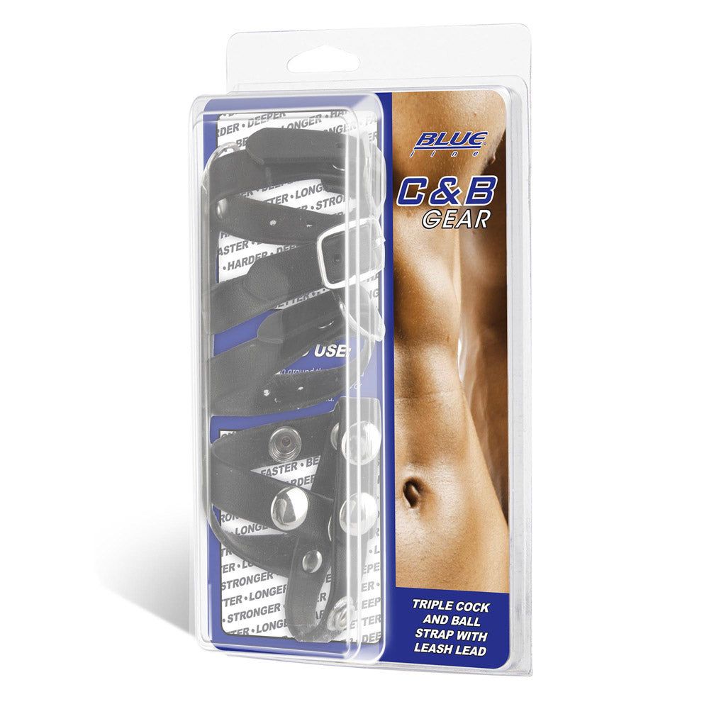 Packaging of the Blue Line Men Triple Cock & Ball Strap with Leash Lead at glastoy.com