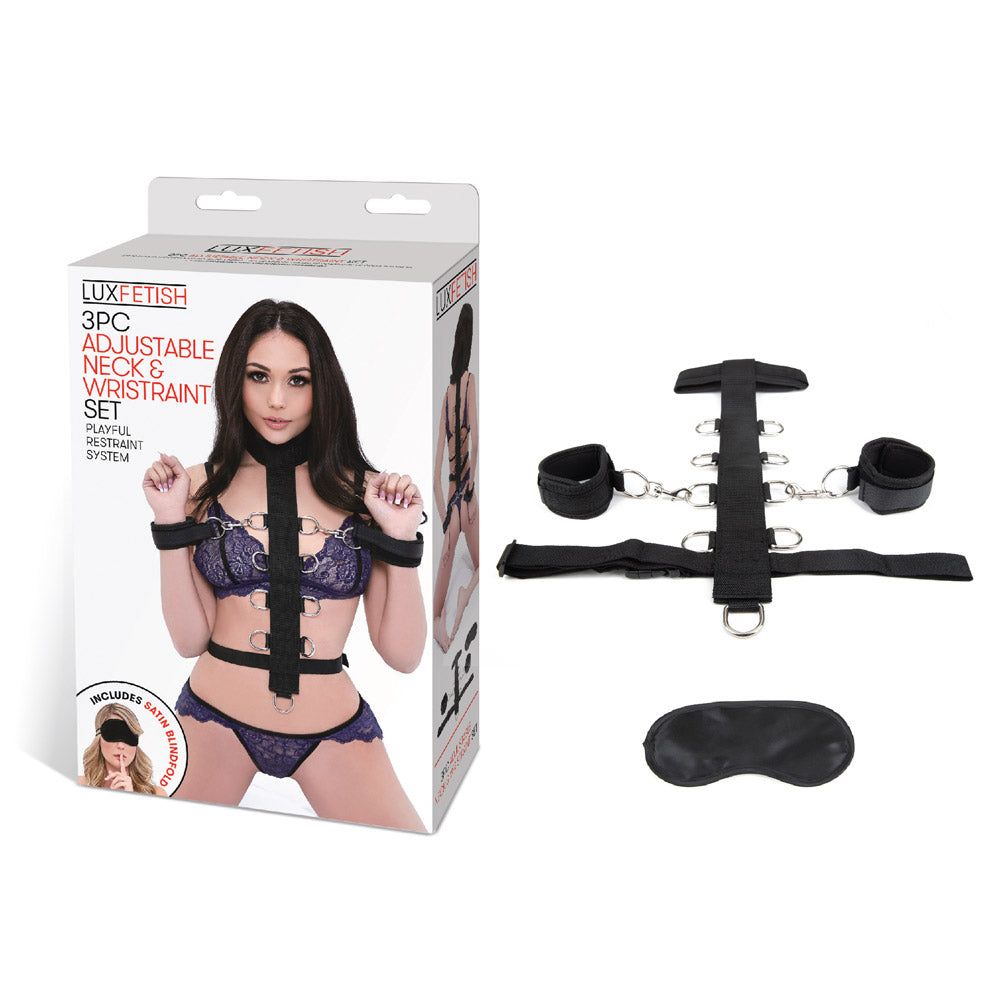 Packaging of the Lux Fetish Adjustable Neck and Wrist Restraint 3 Piece Set at glastoy.com
