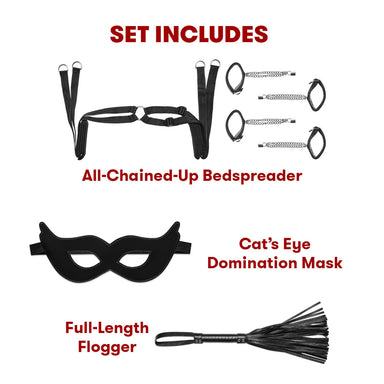 Everything included with the Lux Fetish All Chained Up 6-Piece Master-Slave Bedspreader and Bed Restraint Set at glastoy.com