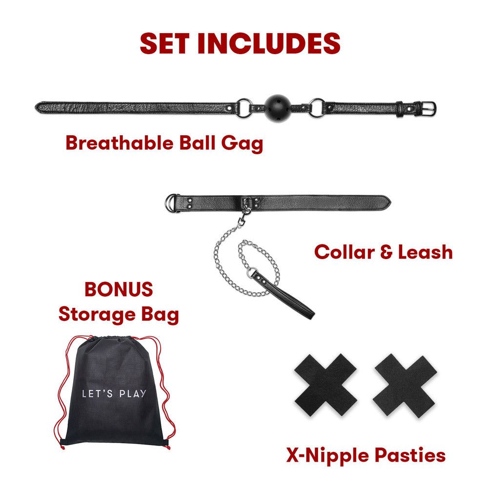 Everything included with the Lux Fetish All Chained Up 6-Piece Master-Slave Bedspreader and Bed Restraint Set at glastoy.com