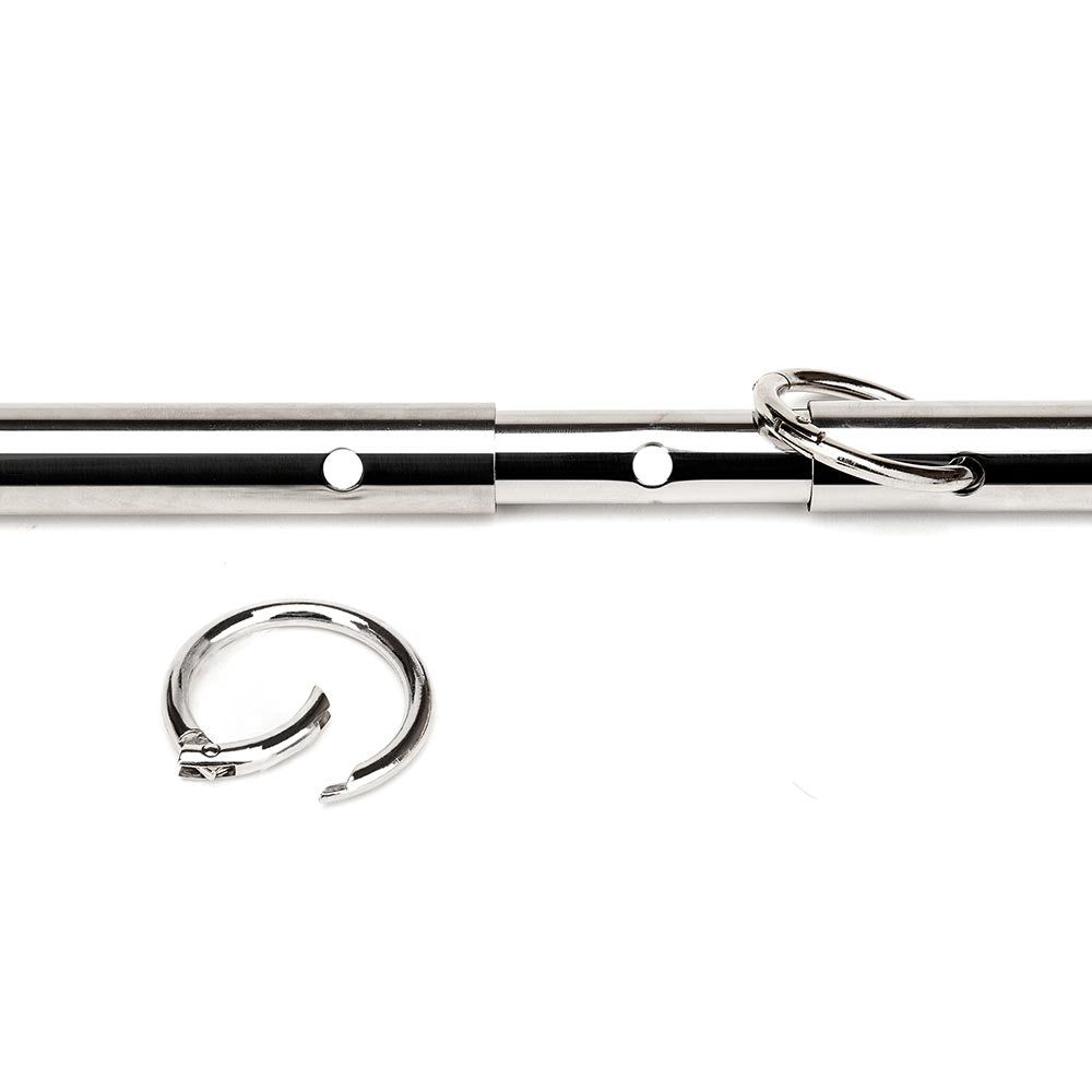 Metal spreader bar with holes for detachable rings to secure wrist and ankle cuffs as part of the Lux Fetish 4 Cuff Expandable Spreader Bar Set With Detachable Wrist & Ankle Cuffs
