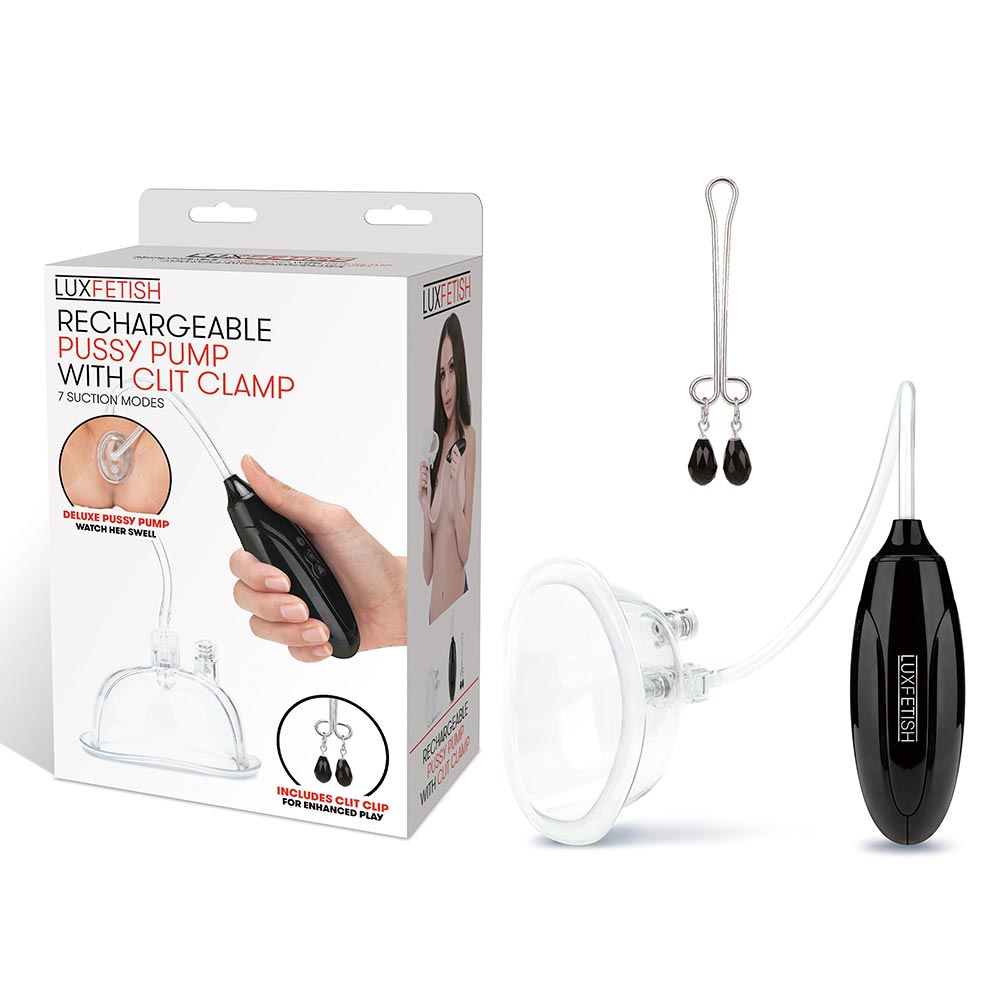 Packaging of the Lux Fetish Rechargeable Pussy Pump and Clit Clamp Set