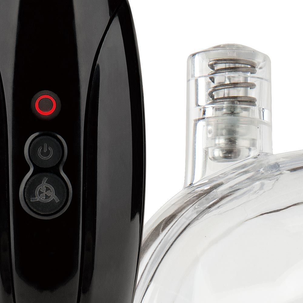 Pump control buttons and the airlock of the suction cup of the Lux Fetish Rechargeable Pussy Pump and Clit Clamp Set