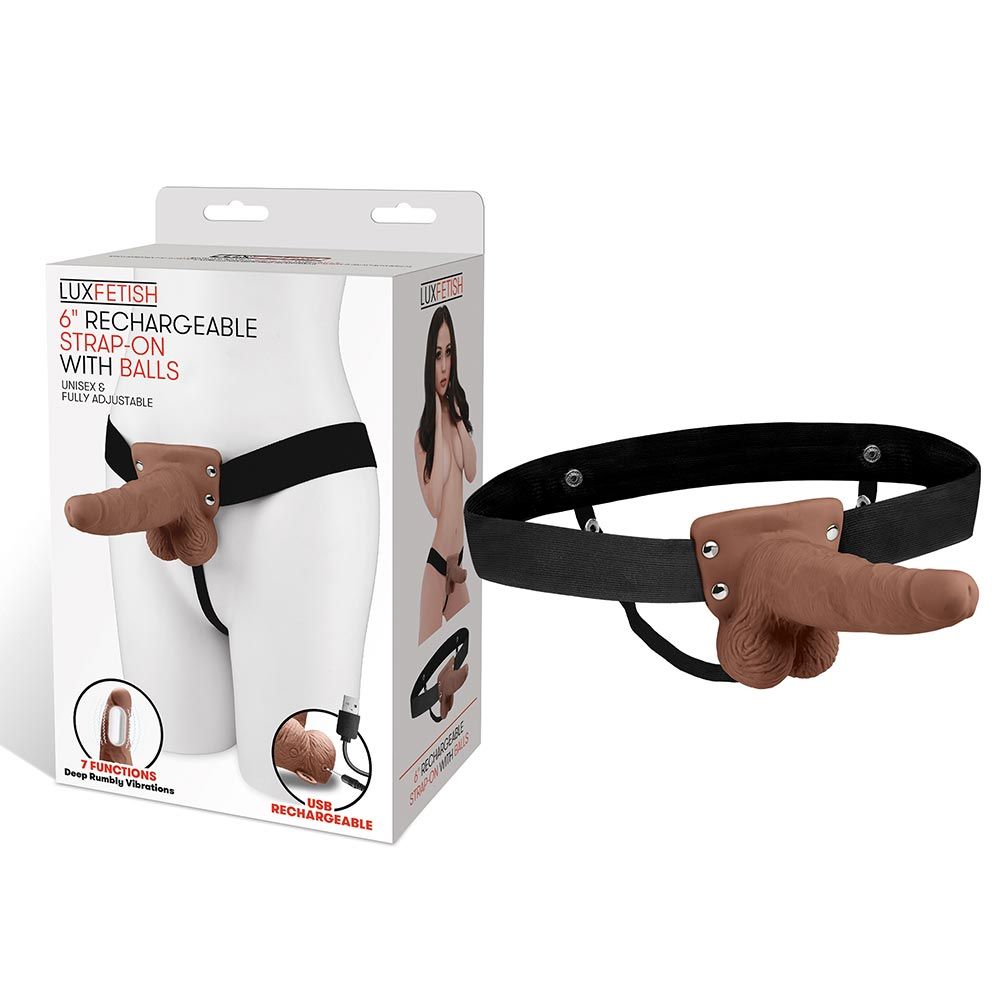 Packaging of the Lux Fetish 6 inches Rechargeable Strap-On With Balls in Brown color