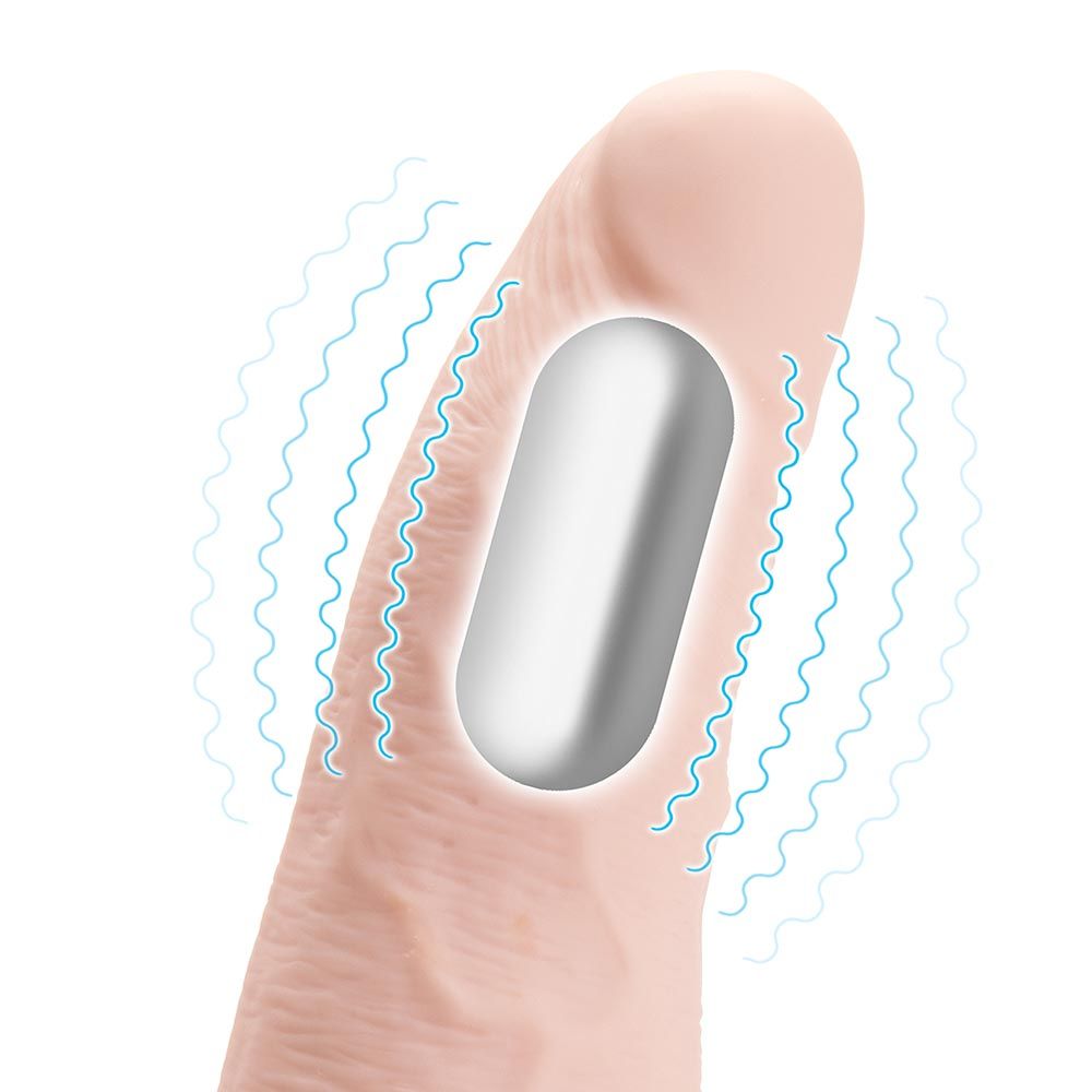 Diagram showing the Vibrating part inside the Lux Fetish 6 inches Rechargeable Strap-On With Balls in Brown color in Flesh color