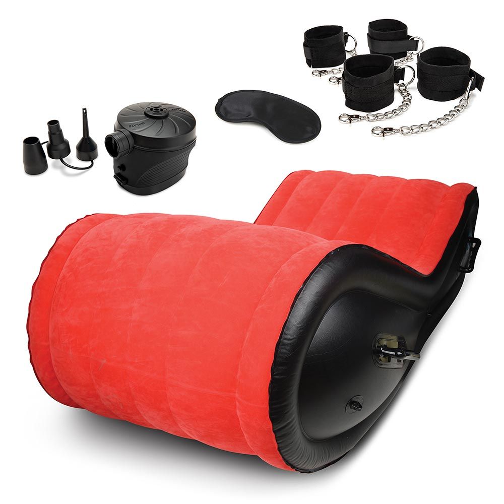 Air pump, blindfold, wrist cuffs, ankle cuffs and the inflatable sex sofa as part of the Lux Fetish 6-Piece Inflatable BDSM Sex Sofa Set
