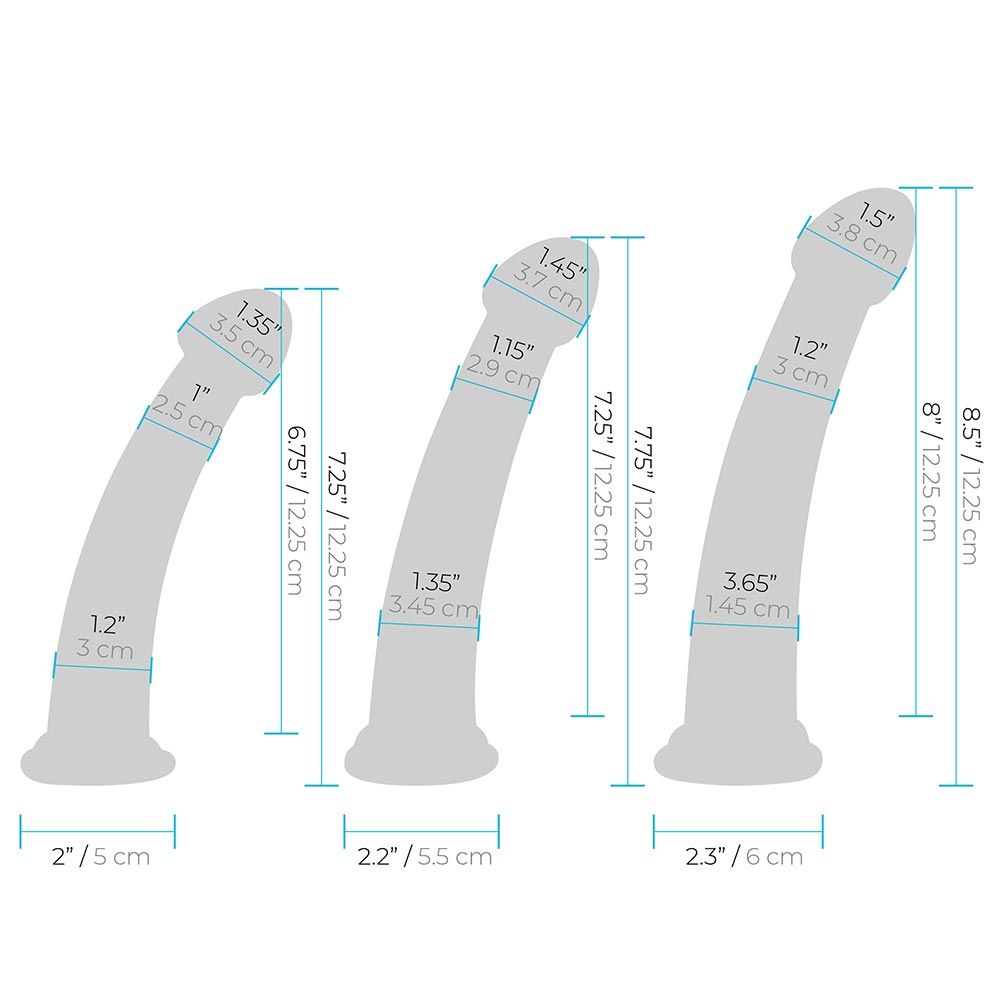 Size and measurements of the Lux Fetish Size Up 3-Piece Dildo And Harness Pegging Training Set