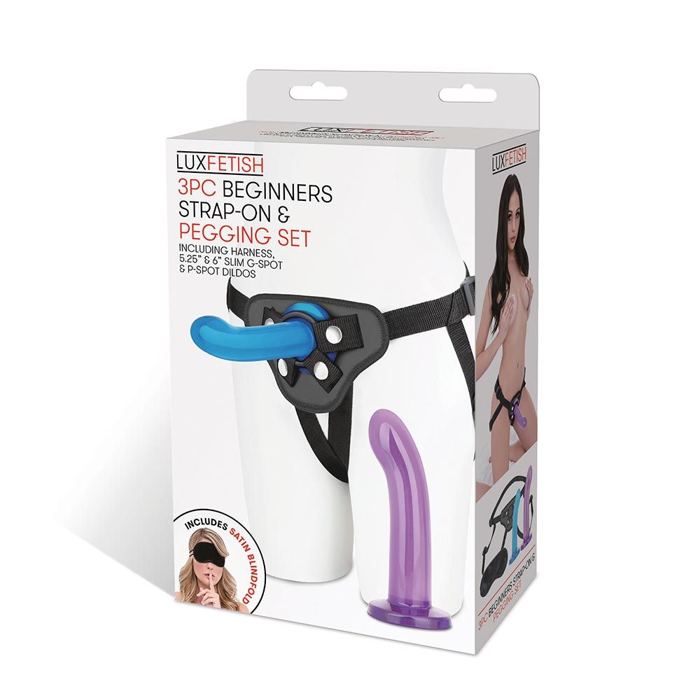 Packaging of the Lux Fetish 3-Piece Beginners Strap-On & Pegging Set