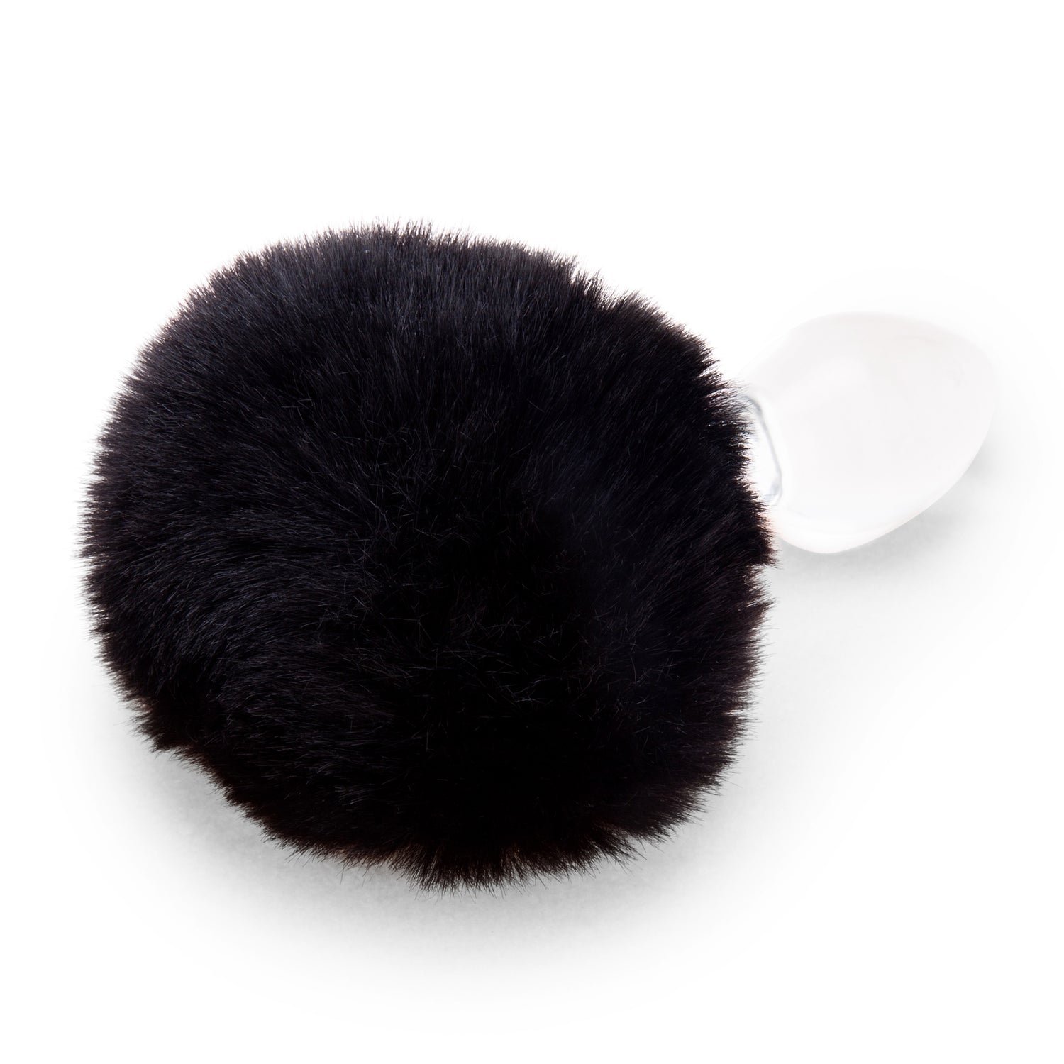 3.15" Noir Puff Tail Butt Plug Detail View Close-up of the flat, flared glass base and the attached fluffy black bunny tail.