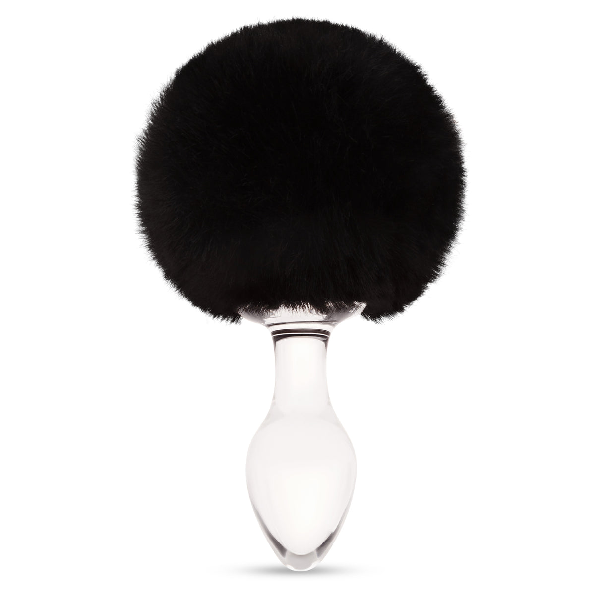 3.15" clear borosilicate glass plug shown upright with a black faux fur bunny tail.

