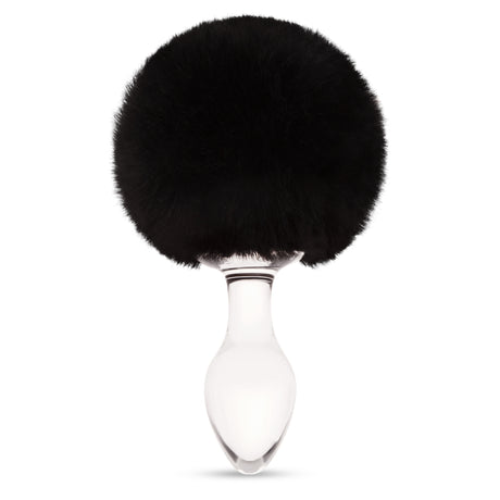 3.15" clear borosilicate glass plug shown upright with a black faux fur bunny tail.

