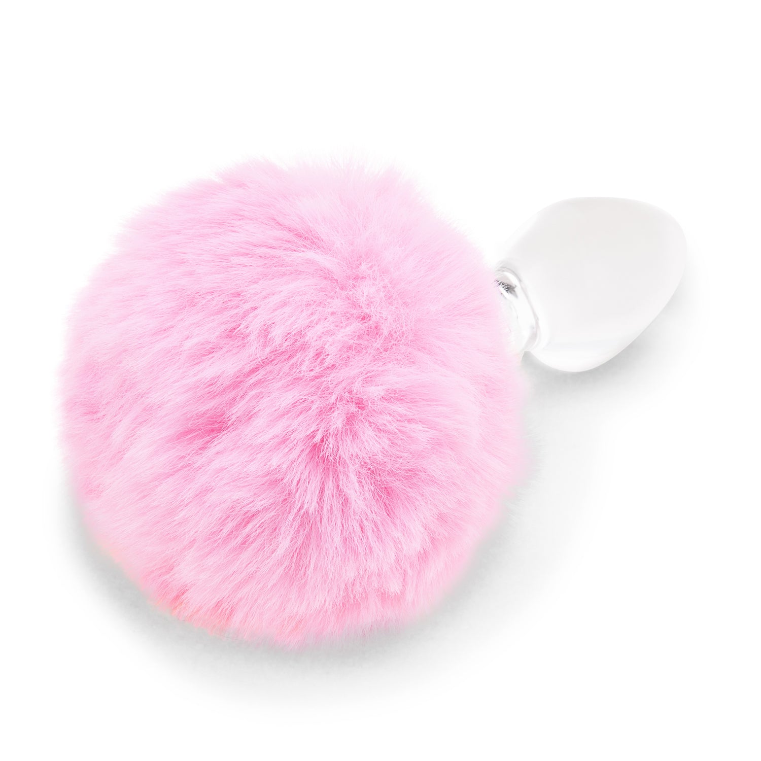 3.15" Pink Puff Tail Butt Plug Close-up of the flat, flared glass base and the attached fluffy pink bunny tail.

