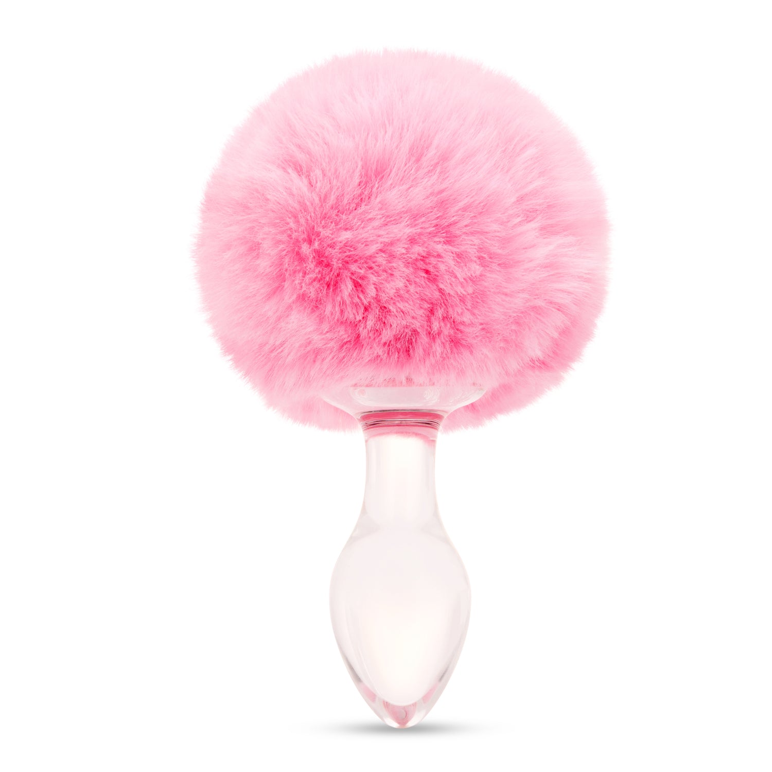 3.15" Pink Puff Tail Butt Plug Main View 3.15" clear borosilicate glass plug shown upright with a pink faux fur bunny tail.

