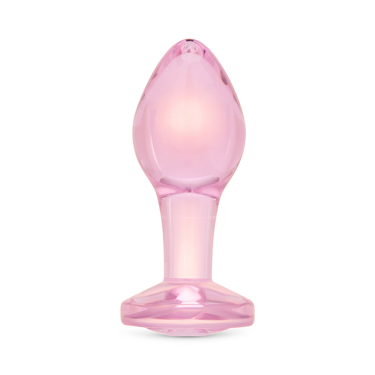 3.35" Bubble Gem Butt Plug - Medium   Main View: Pink-tinted borosilicate glass butt plug shown upright featuring a tapered shape and baby pink gem base.

