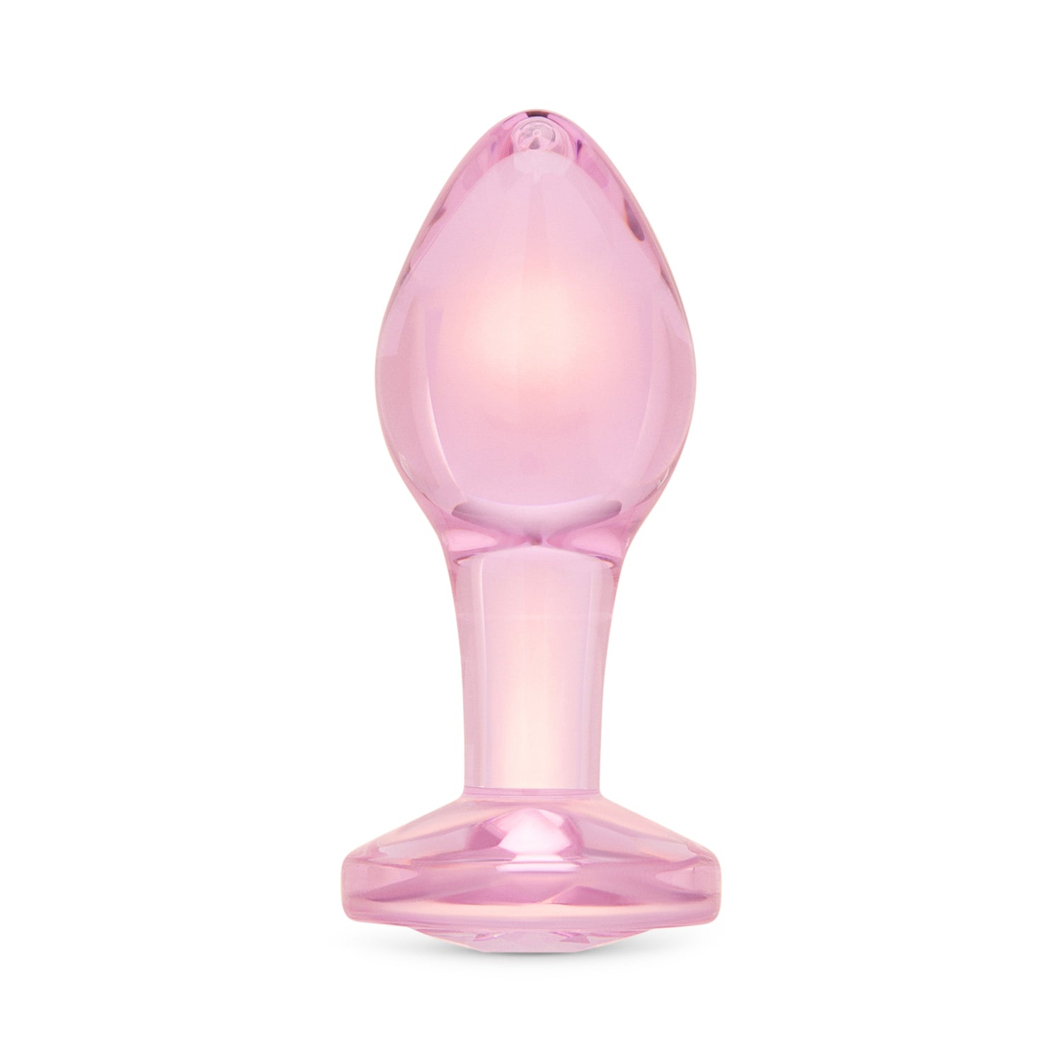 3.35" Bubble Gem Butt Plug - Medium   Main View: Pink-tinted borosilicate glass butt plug shown upright featuring a tapered shape and baby pink gem base.

