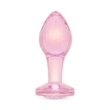 3.35" Bubble Gem Butt Plug - Medium   Main View: Pink-tinted borosilicate glass butt plug shown upright featuring a tapered shape and baby pink gem base.

