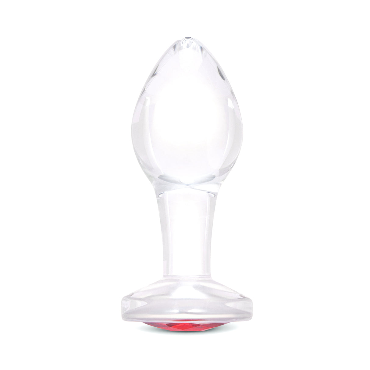 3.35" Cherry Sparkle Butt Plug - Medium Clear borosilicate glass butt plug shown upright featuring a teardrop shape and ruby red gem base.
