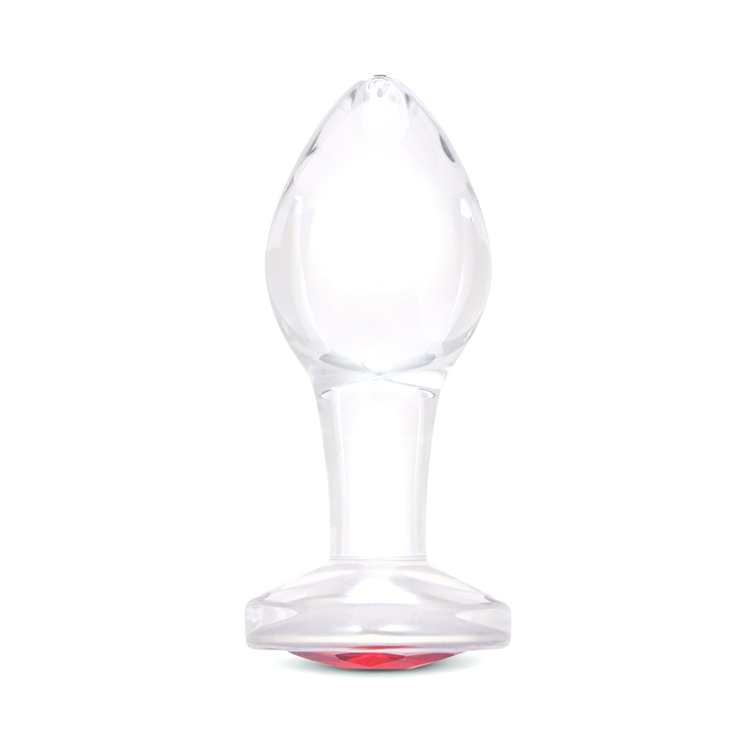 3.35" Cherry Sparkle Butt Plug - Medium Clear borosilicate glass butt plug shown upright featuring a teardrop shape and ruby red gem base.