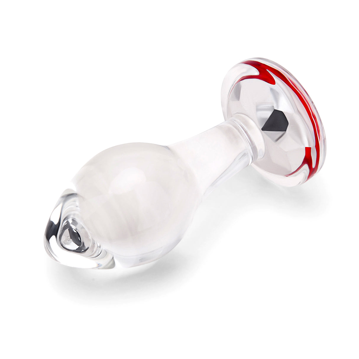 3.35" Cherry Sparkle Butt Plug - Medium Side perspective displaying the smooth glass curves, classic tapered tip, and wide safety anchor.