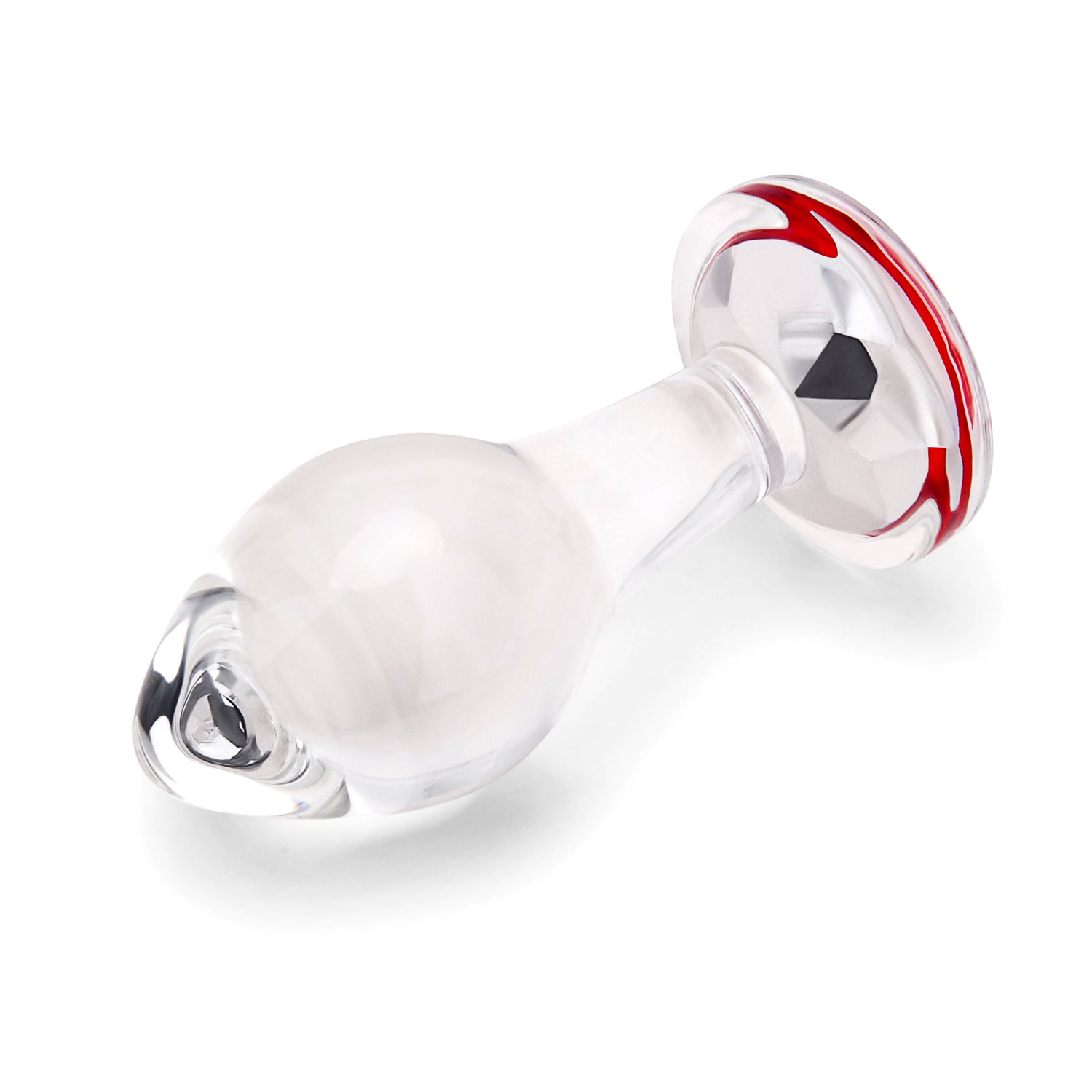 3.35" Cherry Sparkle Butt Plug - Medium Side perspective displaying the smooth glass curves, classic tapered tip, and wide safety anchor.