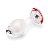 3.35" Cherry Sparkle Butt Plug - Medium Side perspective displaying the smooth glass curves, classic tapered tip, and wide safety anchor.