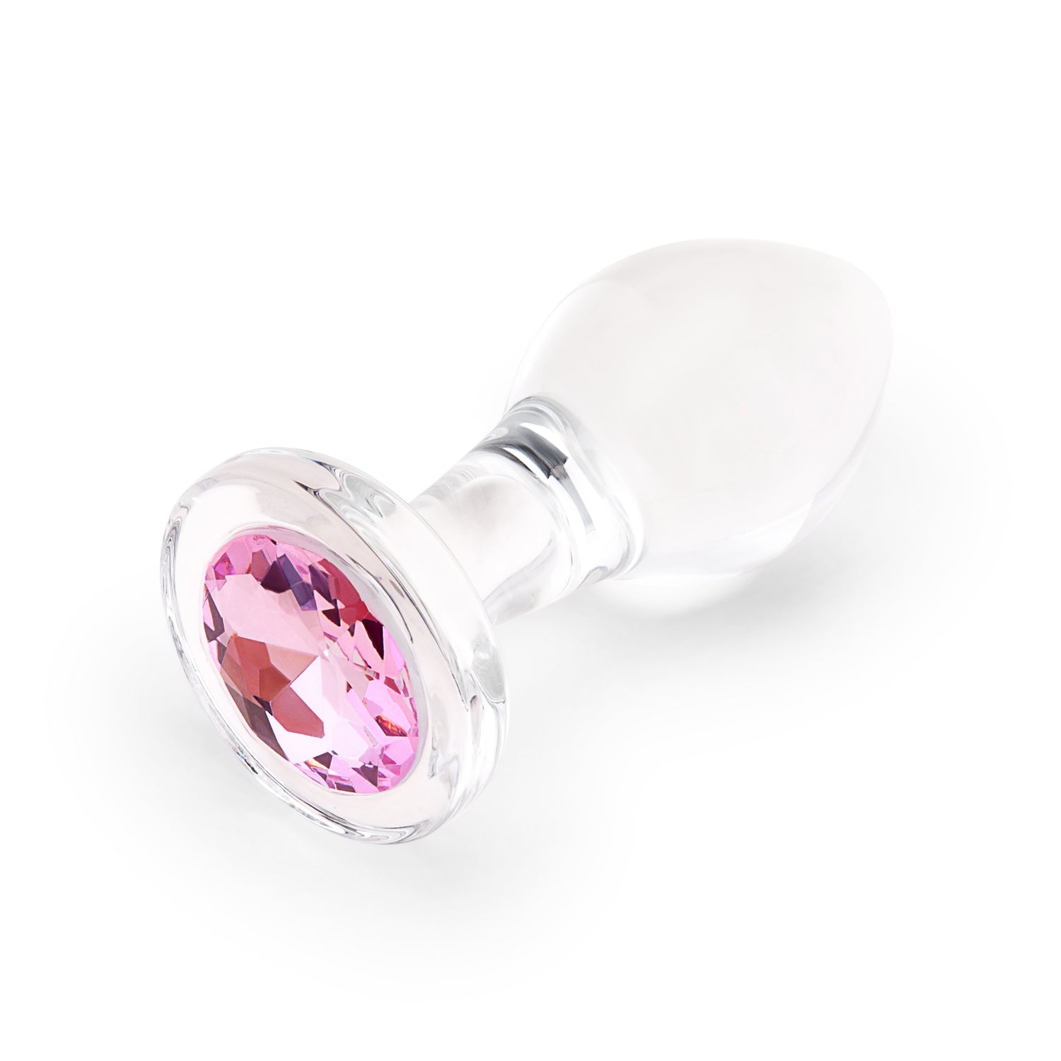 3.35" Pink Sparkle Butt Plug - Medium Side perspective displaying the smooth glass curves, classic tapered tip, and wide safety anchor.