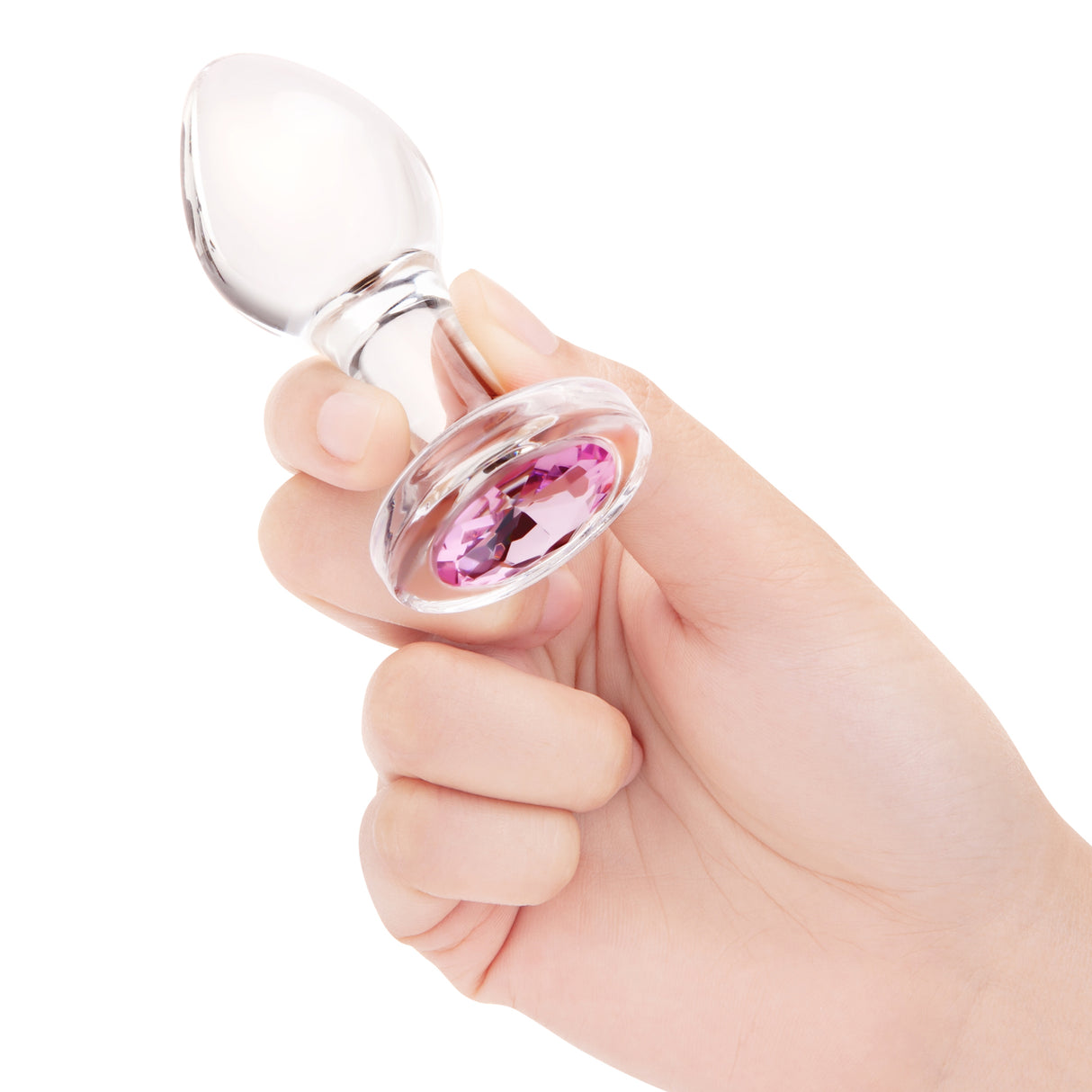 3.35" Pink Sparkle Butt Plug - Medium held to show scale against hand