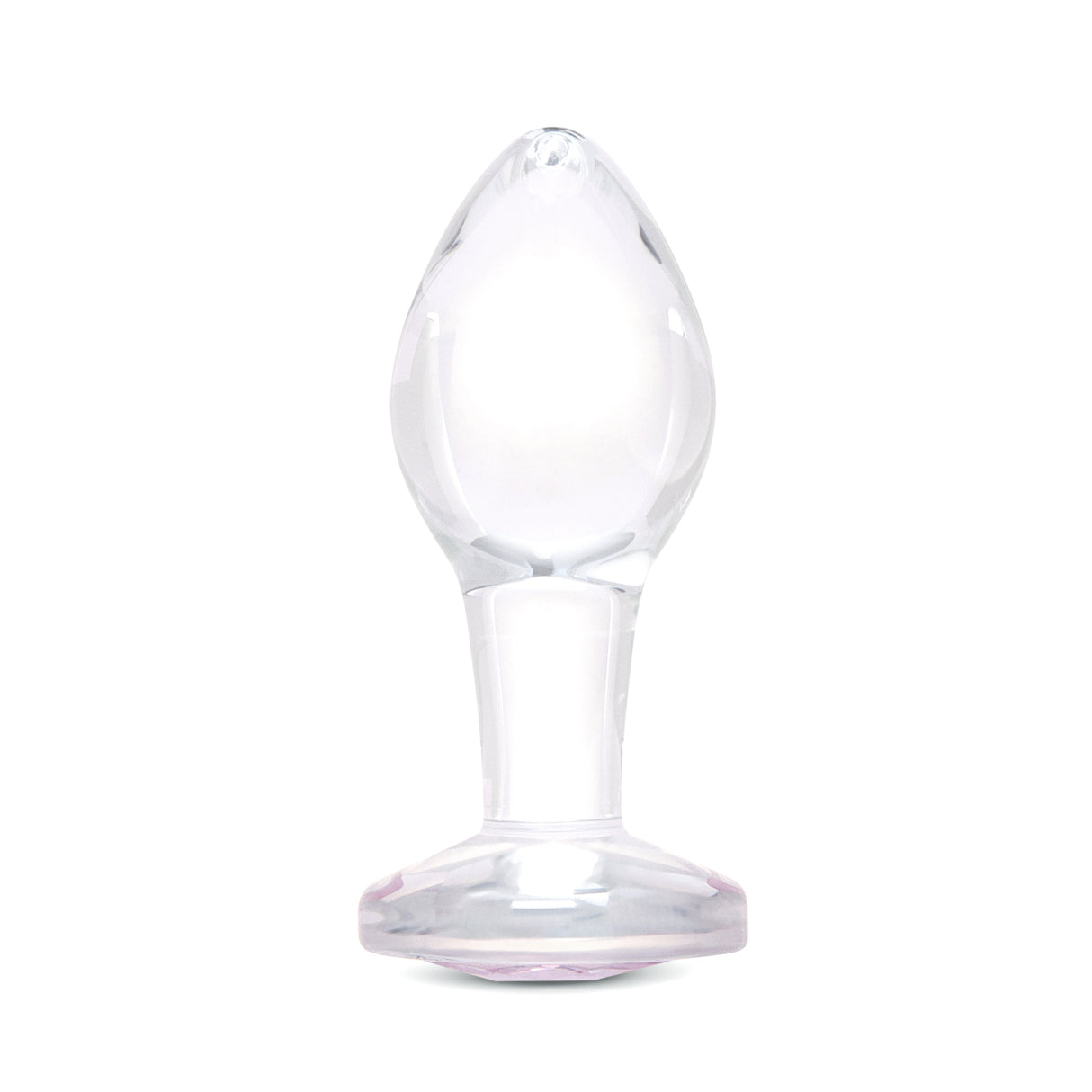 3.35" Pink Sparkle Butt Plug - Medium Clear borosilicate glass butt plug shown upright featuring a tapered shape and pink gem base.