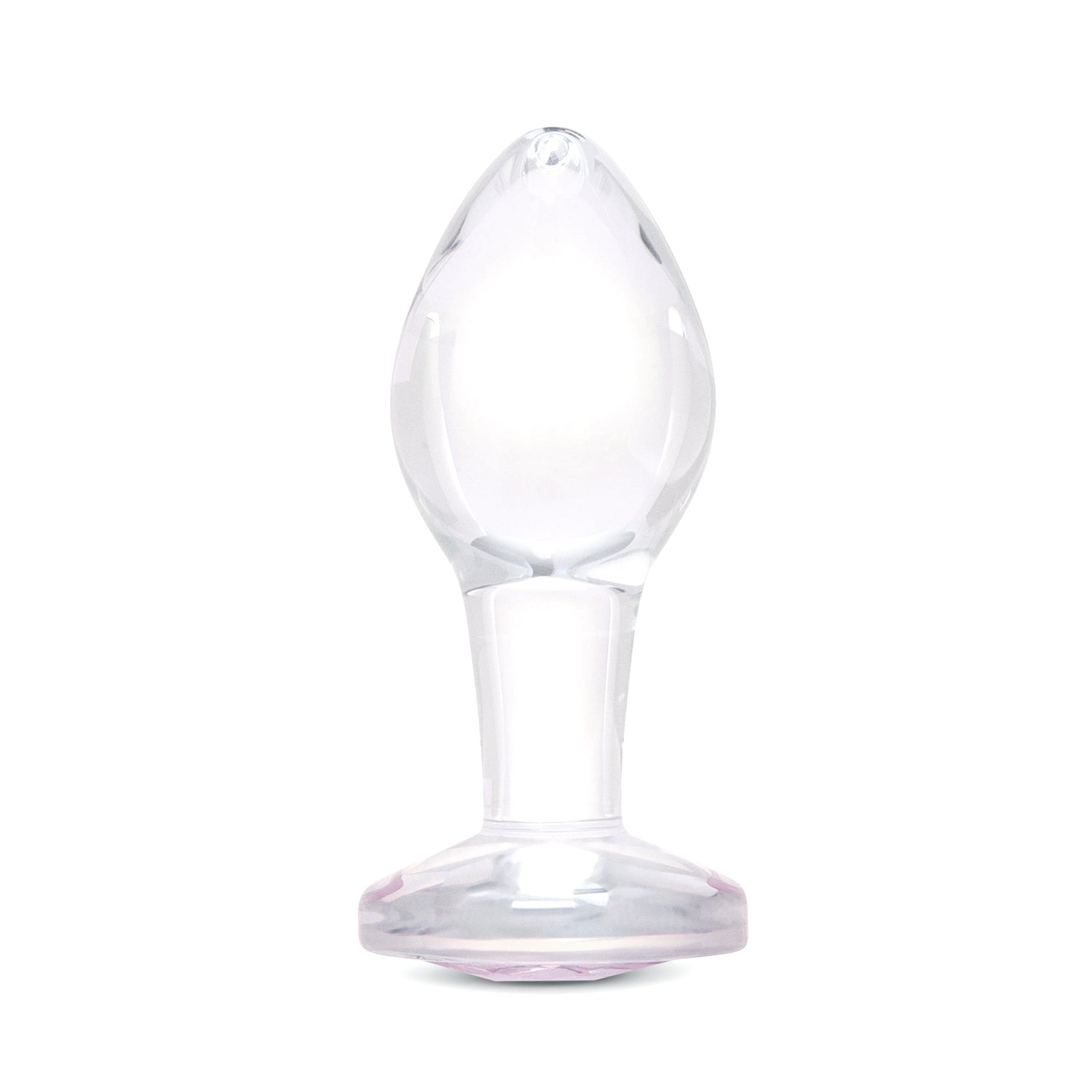 3.35" Pink Sparkle Butt Plug - Medium Clear borosilicate glass butt plug shown upright featuring a tapered shape and pink gem base.