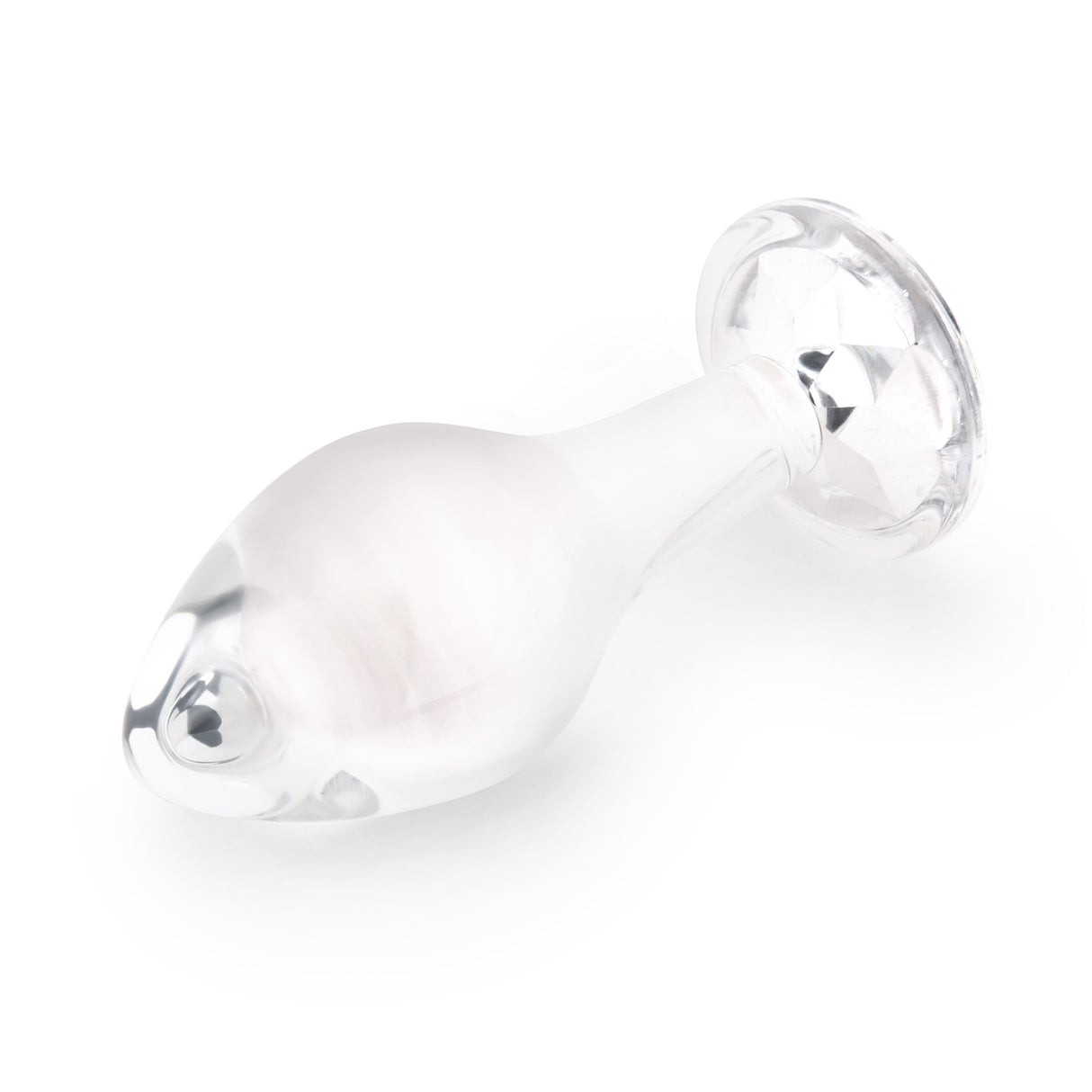 3.35" Rear Sparkle Butt Plug - Medium
 Side view showing the teardrop tip, slender retaining neck, and wide safety base.
