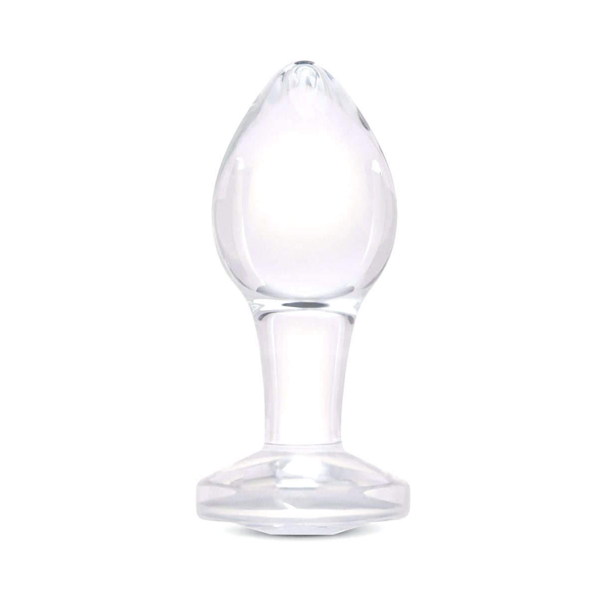 3.35" Rear Sparkle Butt Plug - Medium Clear borosilicate glass butt plug shown upright with a tapered bulb and diamond base.

