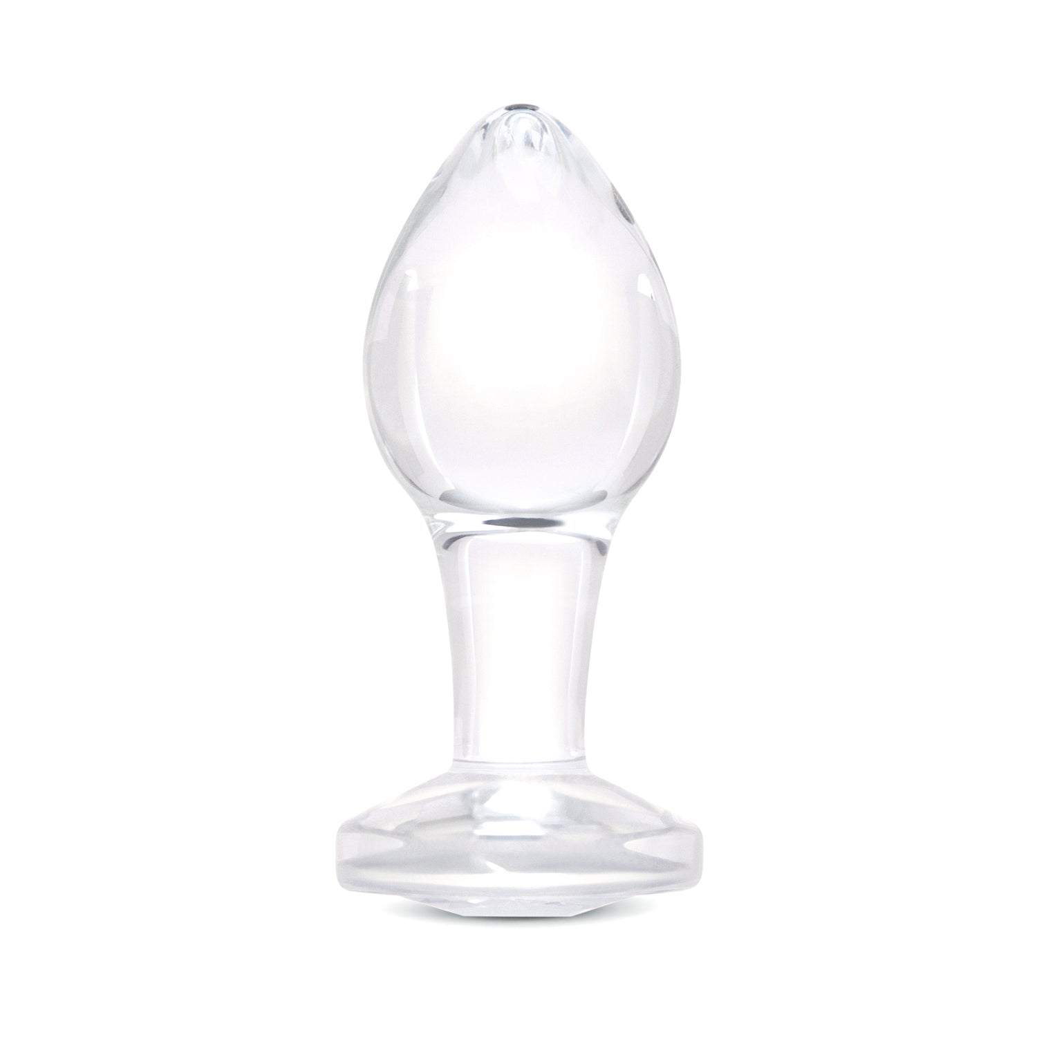 3.35" Rear Sparkle Butt Plug - Medium Clear borosilicate glass butt plug shown upright with a tapered bulb and diamond base.

