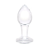 3.35" Rear Sparkle Butt Plug - Medium Clear borosilicate glass butt plug shown upright with a tapered bulb and diamond base.


