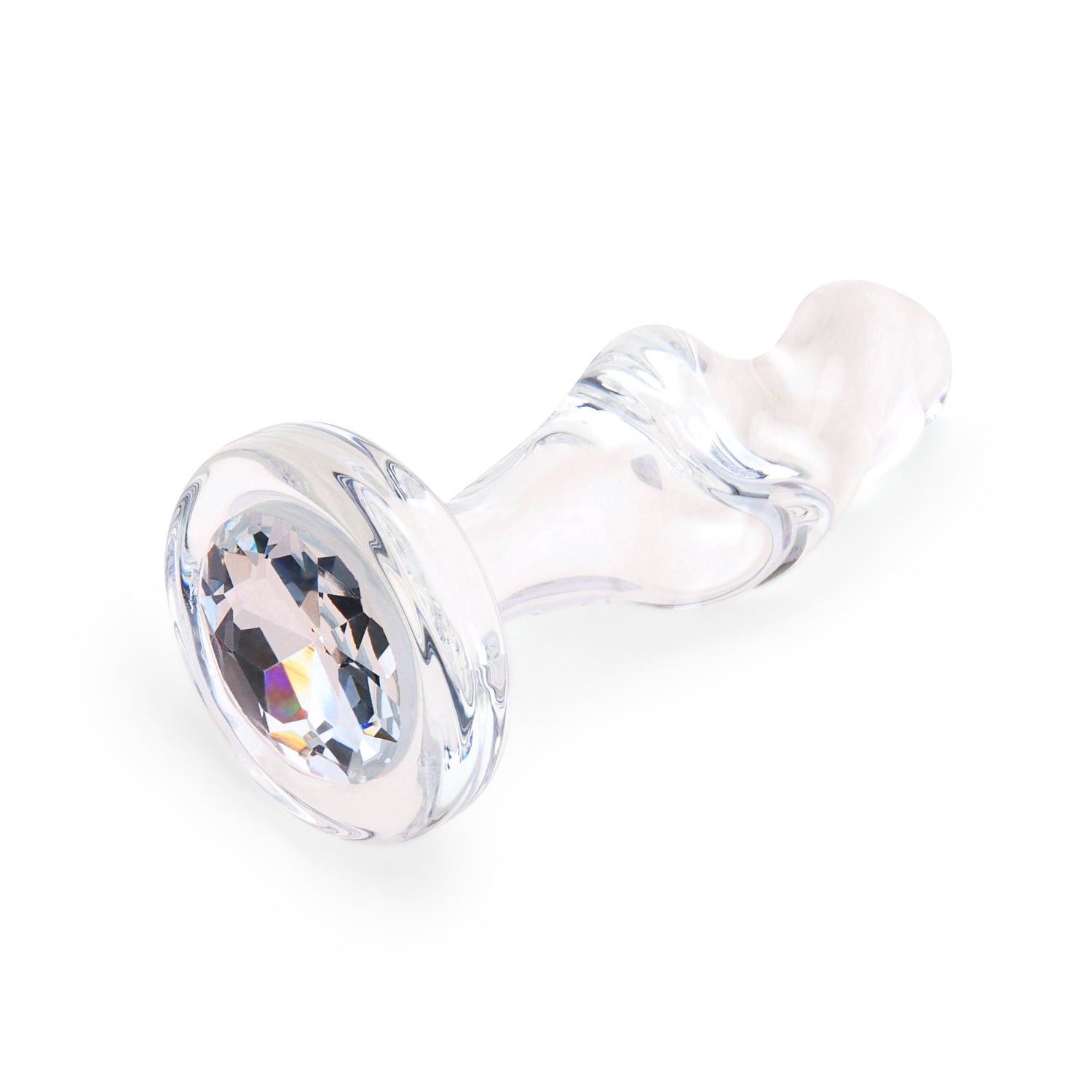 3.35" Sweet Twist Butt Plug - Medium Angle: Diagonal side profile highlighting the slim neck resting above the flat, flared bottom.