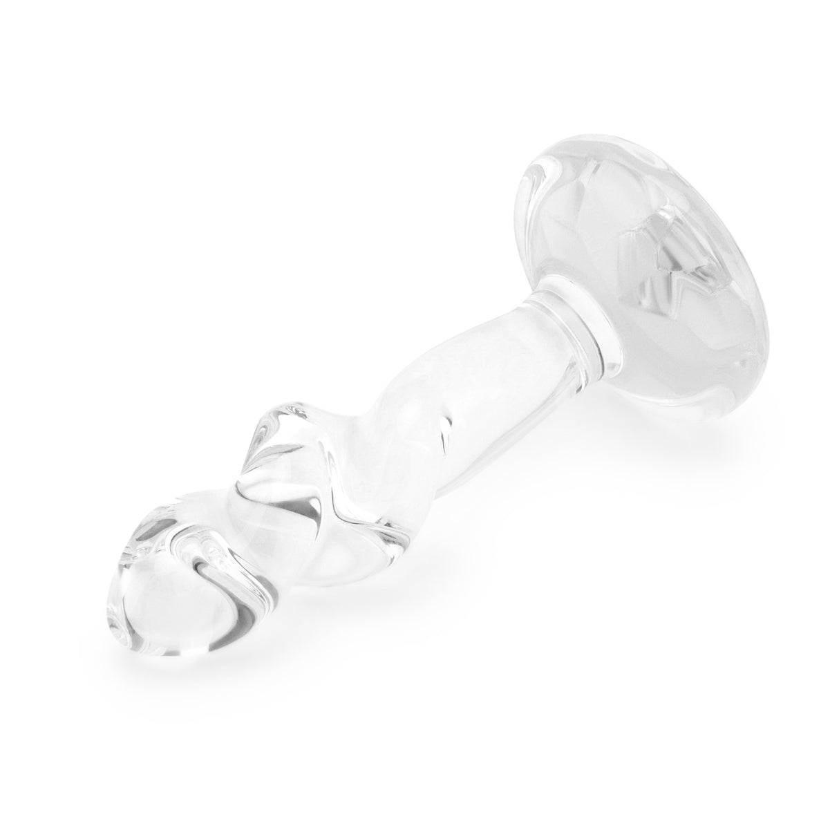 3.35" Twist and Tush Butt Plug - Small Profile Angle: Diagonal side profile highlighting the slim neck resting above the flat, flared bottom.

