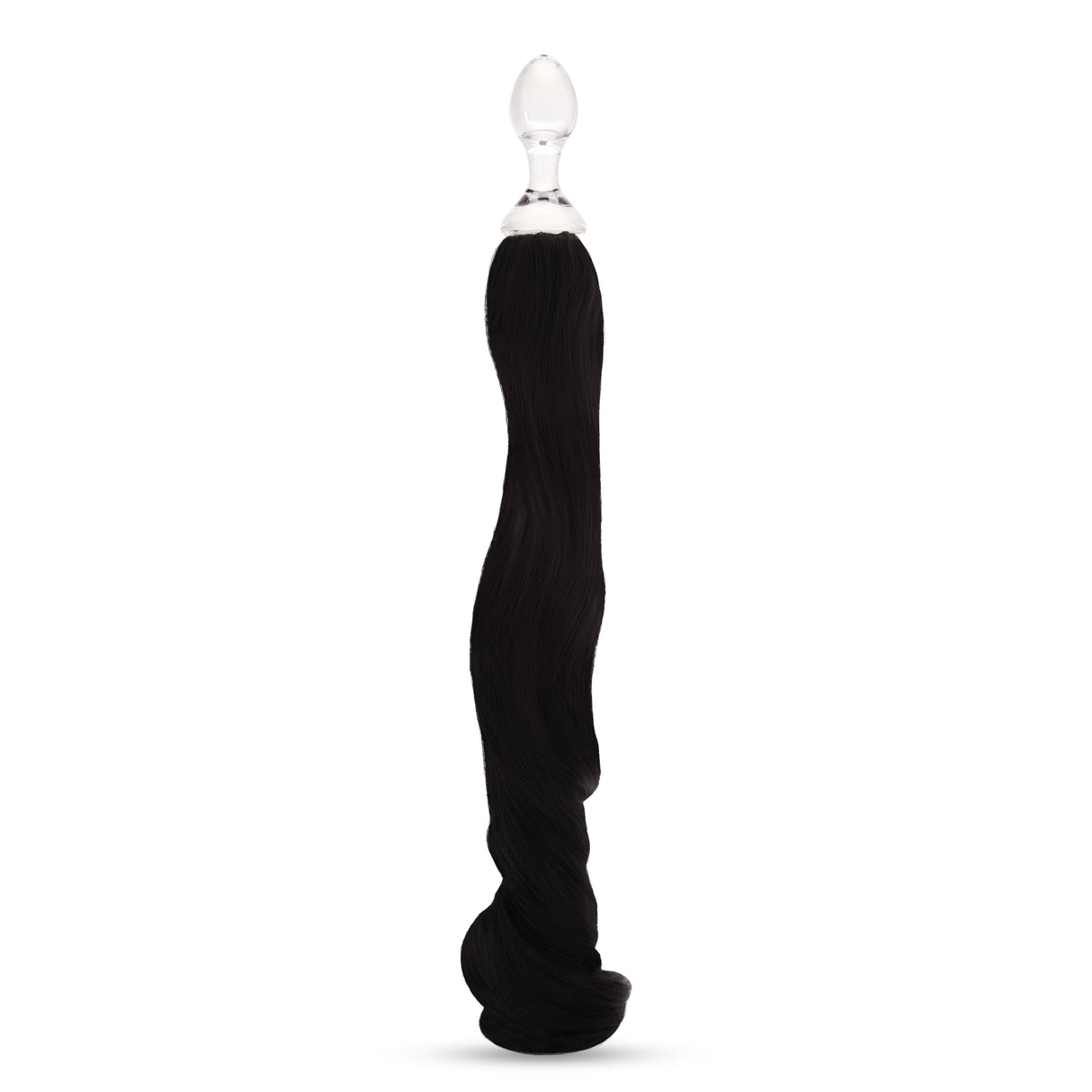 3.6" Black Mare Tail Plug - Borosilicate  Main View: Full upright clear borosilicate glass Black Mare plug showcasing its tapered shape and flowing tail.