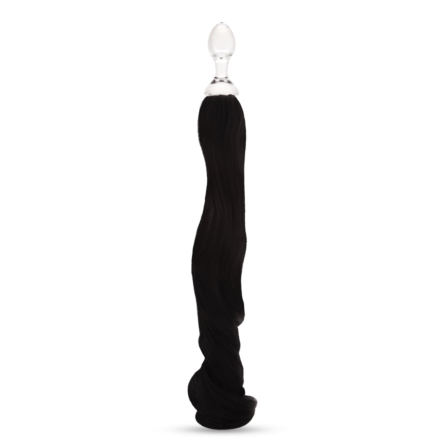 3.6" Black Mare Tail Plug - Borosilicate  Main View: Full upright clear borosilicate glass Black Mare plug showcasing its tapered shape and flowing tail.