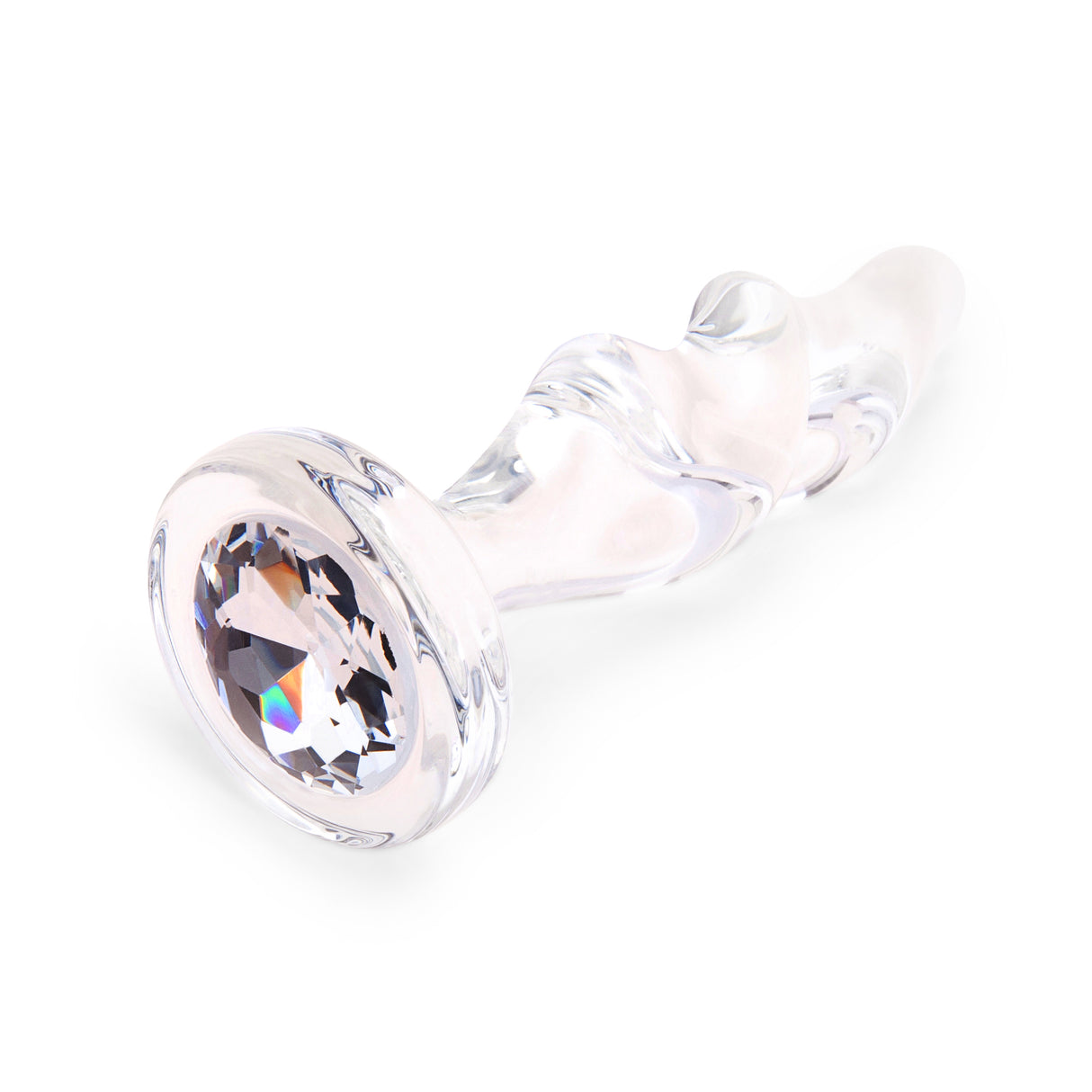 3.75" Twist and Tush Butt Plug - Medium  Detail View: Close-up of the flat, flared glass base highlighting the shining embedded gem.

